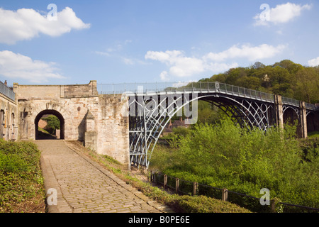 Ironbridge Shropshire England UK May Original old Iron Bridge across River Severn gorge with riverside path Stock Photo