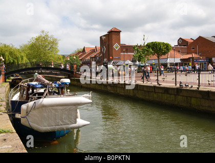 River Witham and small iron bridge looking over City Square in Lincoln England UK Stock Photo