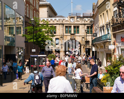 High street of the city of Lincoln, England, UK with Stonebow Gate in the background Stock Photo