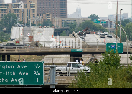 A view of I-35W after the tragic bridge collapse.  Looking south from pedestrian bridge over Washington Ave and 4th Street. Stock Photo