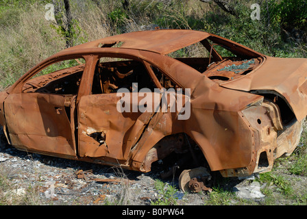 abandoned rusty old car, Vall de Gallinera, Alicante Province, Comunidad Valenciana, Spain Stock Photo