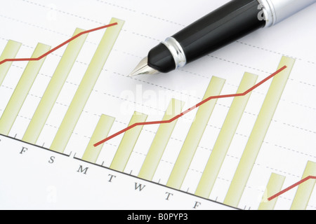 Close up Pen on Positive Earning Graph Stock Photo
