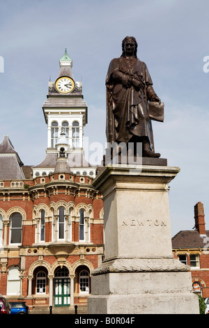 UK England Lincolnshire Grantham St Peters Hill Town Hall and Isaac Newton Statue Stock Photo
