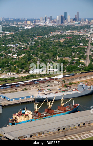 Aerial view of the Port of Houston along the Houston Ship Channel in Houston Texas Stock Photo