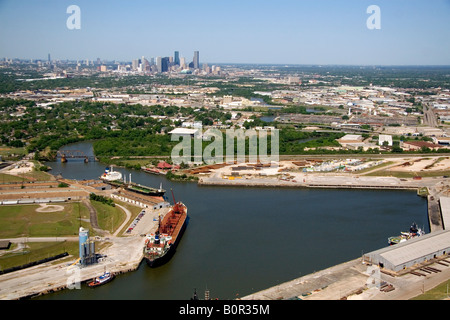 Aerial view of the Port of Houston along the Houston Ship Channel in Houston Texas Stock Photo