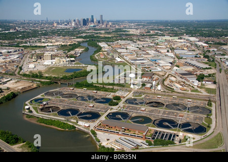 Aerial view of a sewage treatment facility along the Houston Ship Channel in Houston Texas