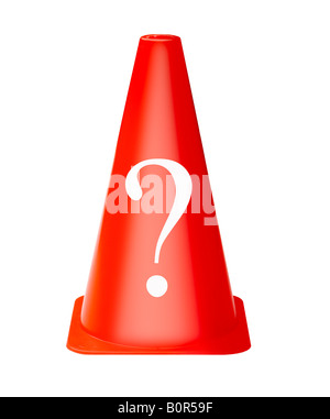 bright red safety cone with question mark sign printed on against white cutout Stock Photo