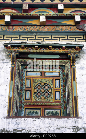 Eastern Tibet Remote area House wall Window with painted decorations traditional style colours TIBETAN HOUSE TIBET CHINA Stock Photo