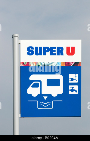 Mobile-home / camper van waste discharge point sign, 'Super U' garage, France. Stock Photo