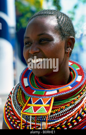 Portrait of a Maasai Woman from Kenya with Colorful African Bead Necklace Jewelry around her Neck Stock Photo