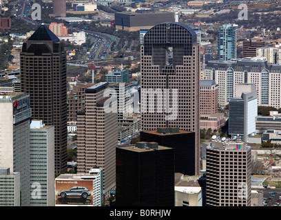 aerial above Dallas Texas with JP Morgan Chase tower center and adjacent buildings Stock Photo