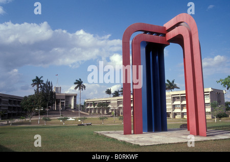 Abstract metal sculpture in front of government buildings on Independence Plaza in Belmopan, the capital city of Belize, Central America Stock Photo