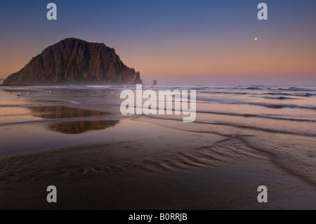 Moonset at dawn over the Pacific Ocean and Morro Rock from Morro Strand State Beach Morro Bay California Stock Photo