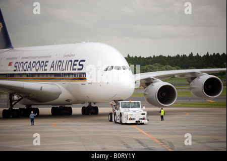 First visit of new Airbus A380  passenger airliner operated by Singapore airlines to Narita Airport in Tokyo 20/5/2008 Stock Photo