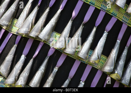 Jingle bells on the dress of a Jingle Dancer at the 8th Annual Red Wing Native American PowWow in Virginia Beach, Virginia. Stock Photo