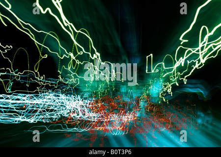 Abstract photo art of highway lights and car headlights on I-270 in Maryland at night. Stock Photo