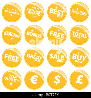 Vector illustration of a set of golden retail web icons tags or stickers with various sale slogans Stock Photo