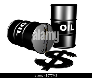 Oil drums and a dollar symbol of leaking oil representing the burden on the dollar by the oil markets Stock Photo