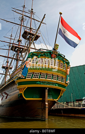 VOC Golden Age  boat vessel ship Amsterdam netherlands holland canal dutch flag Stock Photo