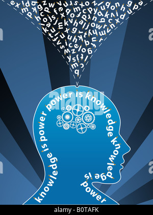 Illustration of a creative thinking mind background with alphabet letters coming from the head Stock Photo