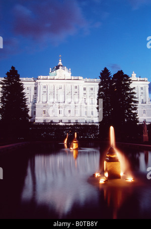 Royal Palace and Sabatini Gardens. Night view. Madrid. Spain. Stock Photo