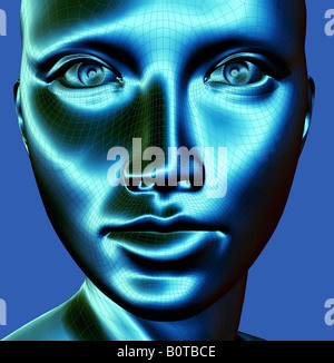 futuristic 3D computer generated female robot head wire frame Stock Photo