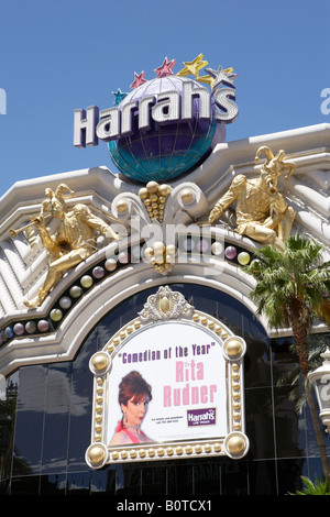 Harrahs Hotel Entrance Sign in Las Vegas with Show Advertising Stock Photo