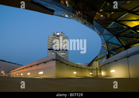 A view of the BMW headquarter towers from the BMW museum in the city of Munich capital of  Bavaria. Germany Stock Photo