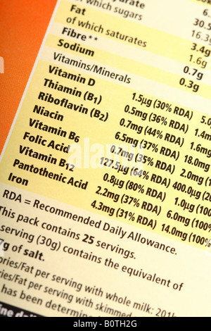 Food nutritional product information vitamin sodium fibre health advie on packet of breakfast cereal Stock Photo