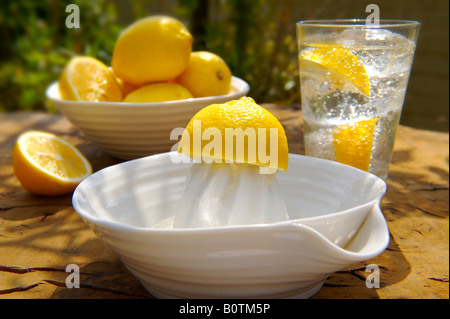 Home made lemonade ready to drink in a bowl on a wooden garden table in the sun Stock Photo