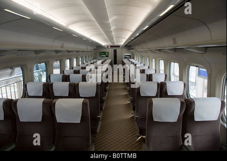 Japan. The immaculate interior of a Shinkansen (bullet train) ready for departure Stock Photo