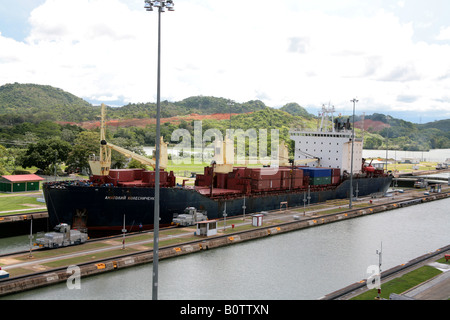 Ship entering the Miraflores Locks at the Panama Canal seen from the visitor center Stock Photo