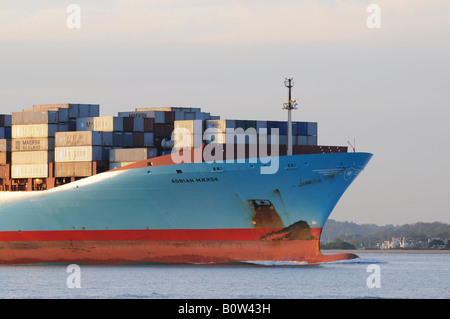the view from Calshot Spit as container ship Adrian Maersk on Southampton Water Stock Photo