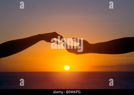 Woman's and man's hands reaching for each other Stock Photo