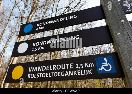 Walking routes signpost in Dutch, some suitable for wheelchairs, Westhove Palace near Domburg, Walcheren, Zeeland, Netherlands, Stock Photo