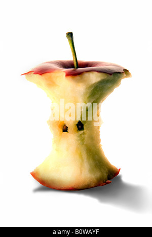 A red apple with stem, eaten down to the core Stock Photo