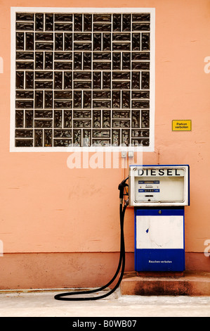 Diesel fuel pump in front of house wall, Kallmuenz, Upper Palatinate, Bavaria, Germany, Europe Stock Photo