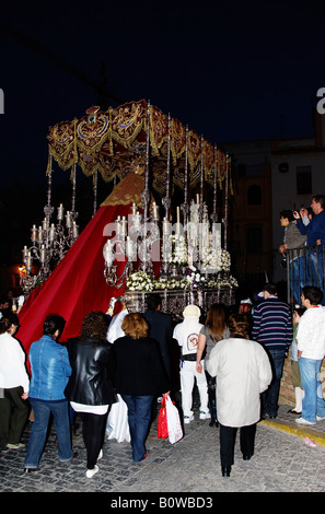 Canopied float with the Virgin Mary, Semana Santa procession, Holy Week, Huelva, Andalusia, Spain Stock Photo