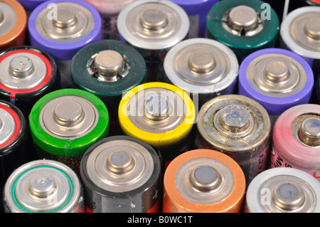 Used, empty AA and rechargeable batteries Stock Photo