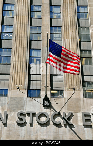 US flag at the American Stock Exchange, AMEX, Trinity Place, Manhattan, New York City, USA Stock Photo