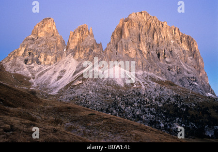Mt. Plattkofel and Langkofel summits, Sasso Lungo, Dolomites, Province of Bolzano-Bozen, Italy, Europe Stock Photo