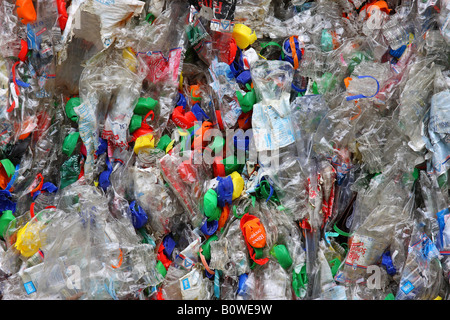 Colourful compressed plastic bottles for recycling Stock Photo