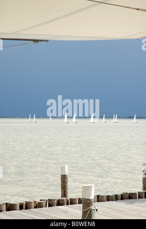 View from Restaurant Mole West at the Lake Neusiedl with sailing boats, Neusiedl am See, Burgenland, Austria Stock Photo