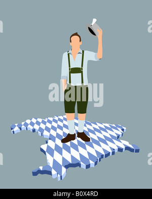 A stereotypical German man standing on a Bavarian flag in the shape of Bavaria Stock Photo