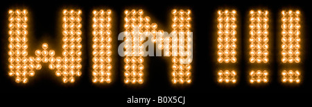 The word win with three exclamation points in illuminated light bulbs Stock Photo