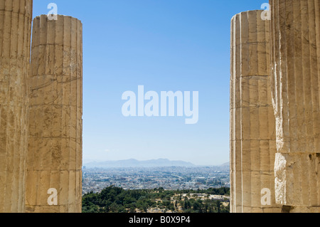 View through the columns by the entrance of The Parthenon, temple of the Greek Goddess Athena. Athens Greece Stock Photo