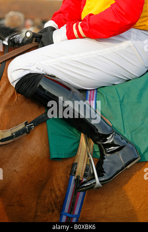 A jockey's boots in stirrups Stock Photo