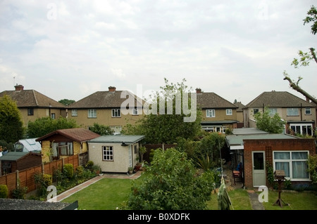 Arial gardens view of 40s, 50s residential semi-detached houses, Collier Row, Romford, Essex, Great Britain, UK, Europe, EU Stock Photo