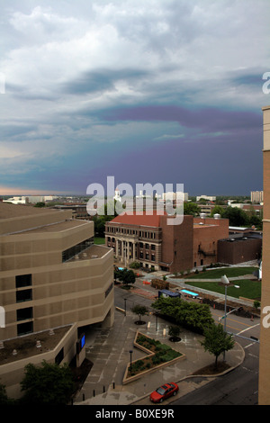 Lied Center for Performing Arts, left, and the Temple building, right, UNL campus beyond, 12th and Q streets, Lincoln, Nebraska. Stock Photo