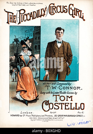 Piccadilly Circus Girl illustrated Victorian music sheet cover on a good time London lady sung by Tom Costello Stock Photo